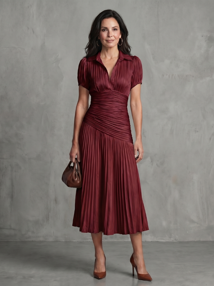 Theodora | Robe Midi Rayée avec Taille Plissée