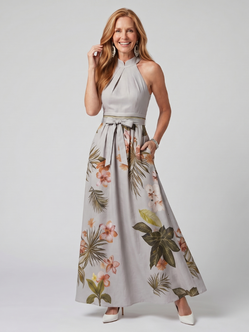 Meadow | Robe Maxi à Panneaux Botaniques à Col Halter Drapé