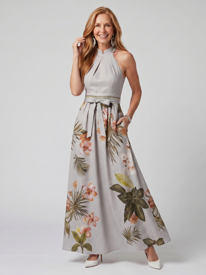 Meadow | Robe Maxi à Panneaux Botaniques à Col Halter Drapé