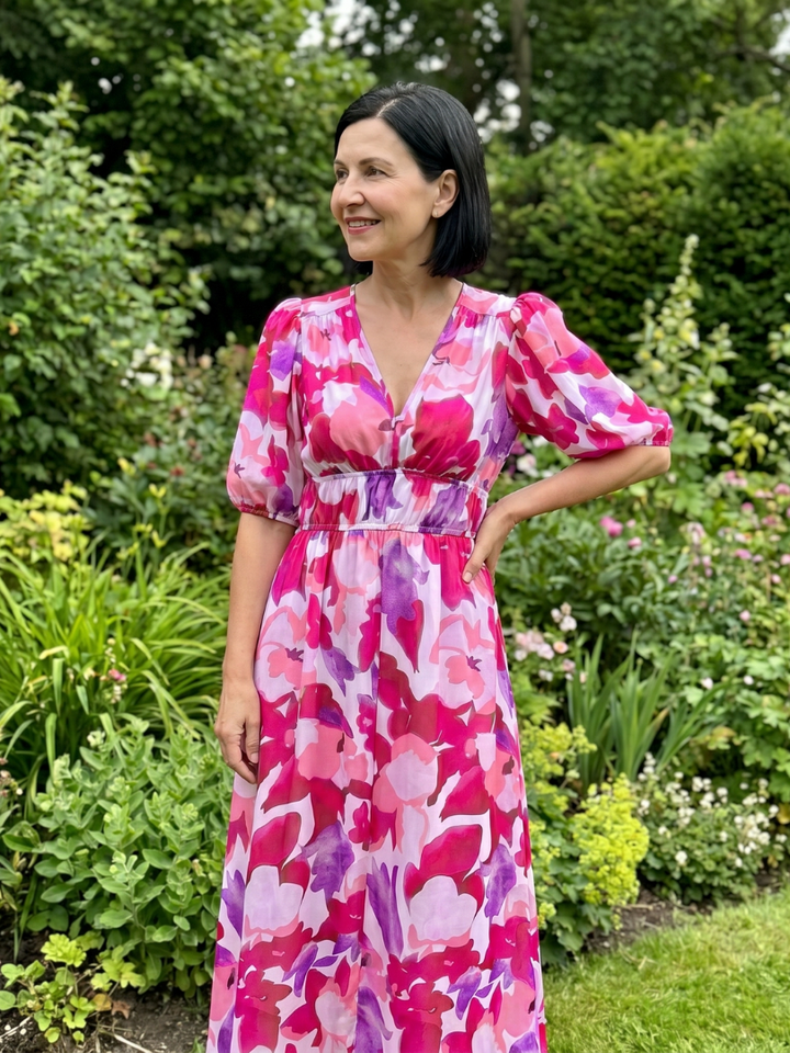 Candlia | Robe Midi à Manches Bouffantes et Imprimé Abstrait