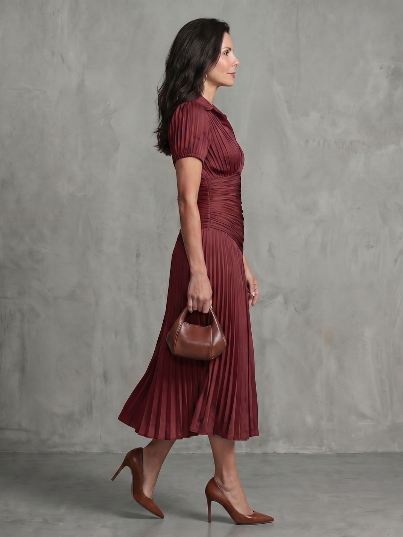Theodora | Robe Midi Rayée avec Taille Plissée