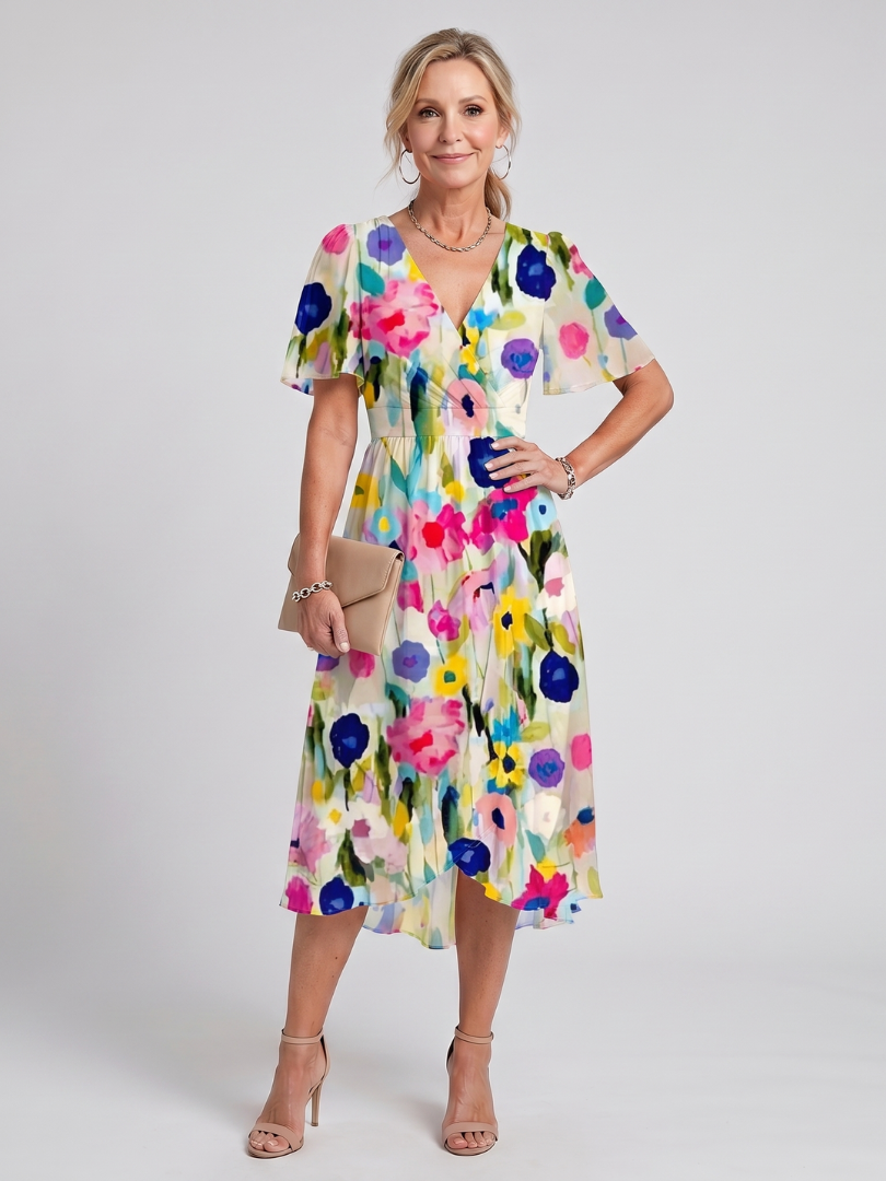 Mirabel | Robe midi à manches volantées et taille froncée avec imprimé floral