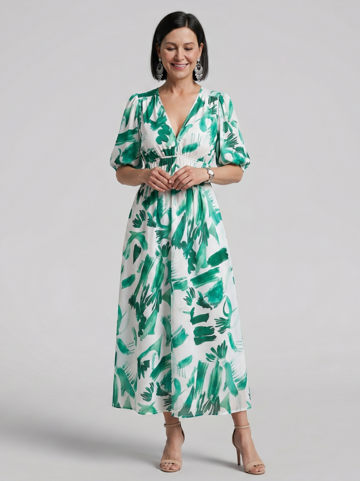 Candlia | Robe Midi à Manches Bouffantes et Imprimé Abstrait