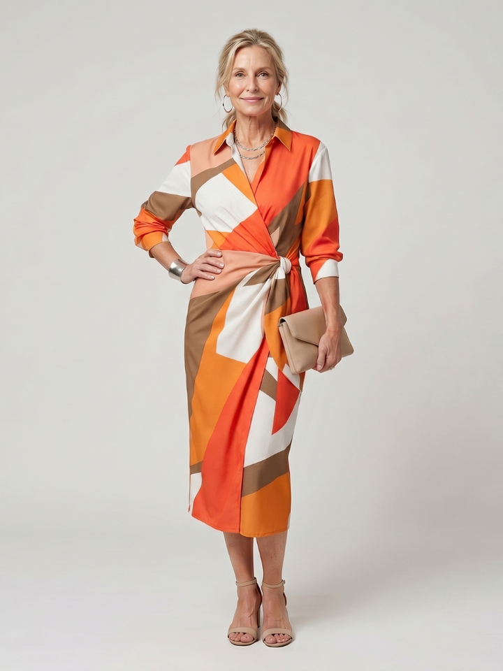 Leya | Robe midi à manches longues avec col et motif rayé