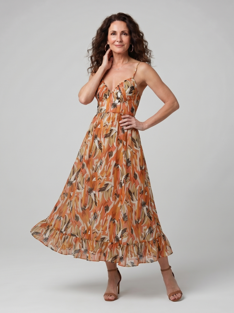 Quill | Robe Midi à Bretelles Spaghetti Imprimé Abstrait