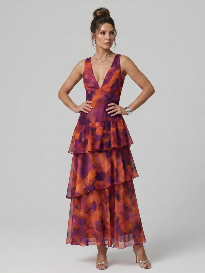 Gala | Robe Midi sans Manches à Décolleté en V Profond avec Motif Peint