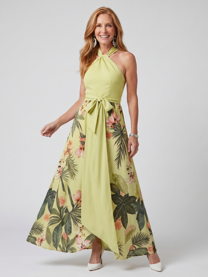 Meadow | Robe Maxi à Panneaux Botaniques à Col Halter Drapé
