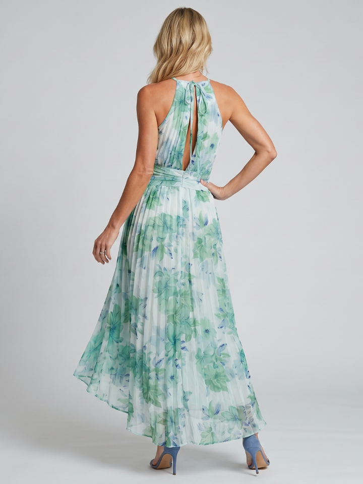 Portia | Robe Midi à Col Halter avec Motif Floral Plissé