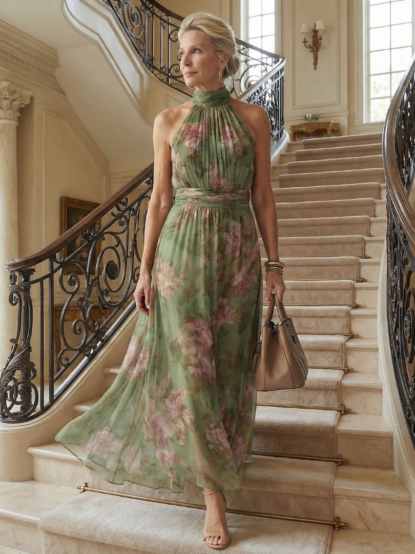 Mireille | Robe Midi à Col Halter Froncée